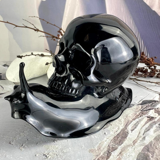 Black Obsidian Crystal Snail & Skull Sculpture