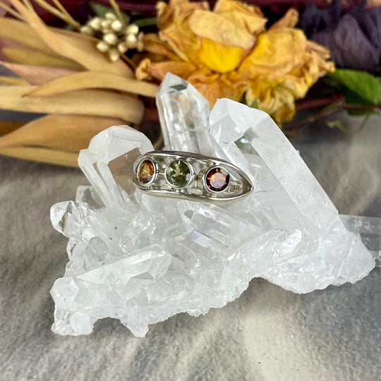 Orange & Green Tourmaline Three Stone Ring