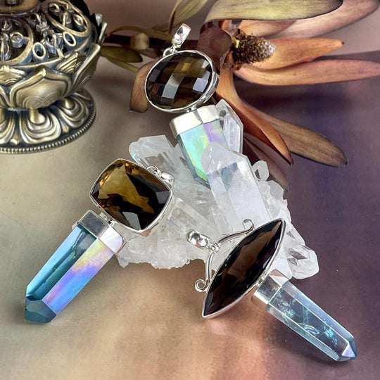 Smokey Citrine & Aqua Aura Point Pendants