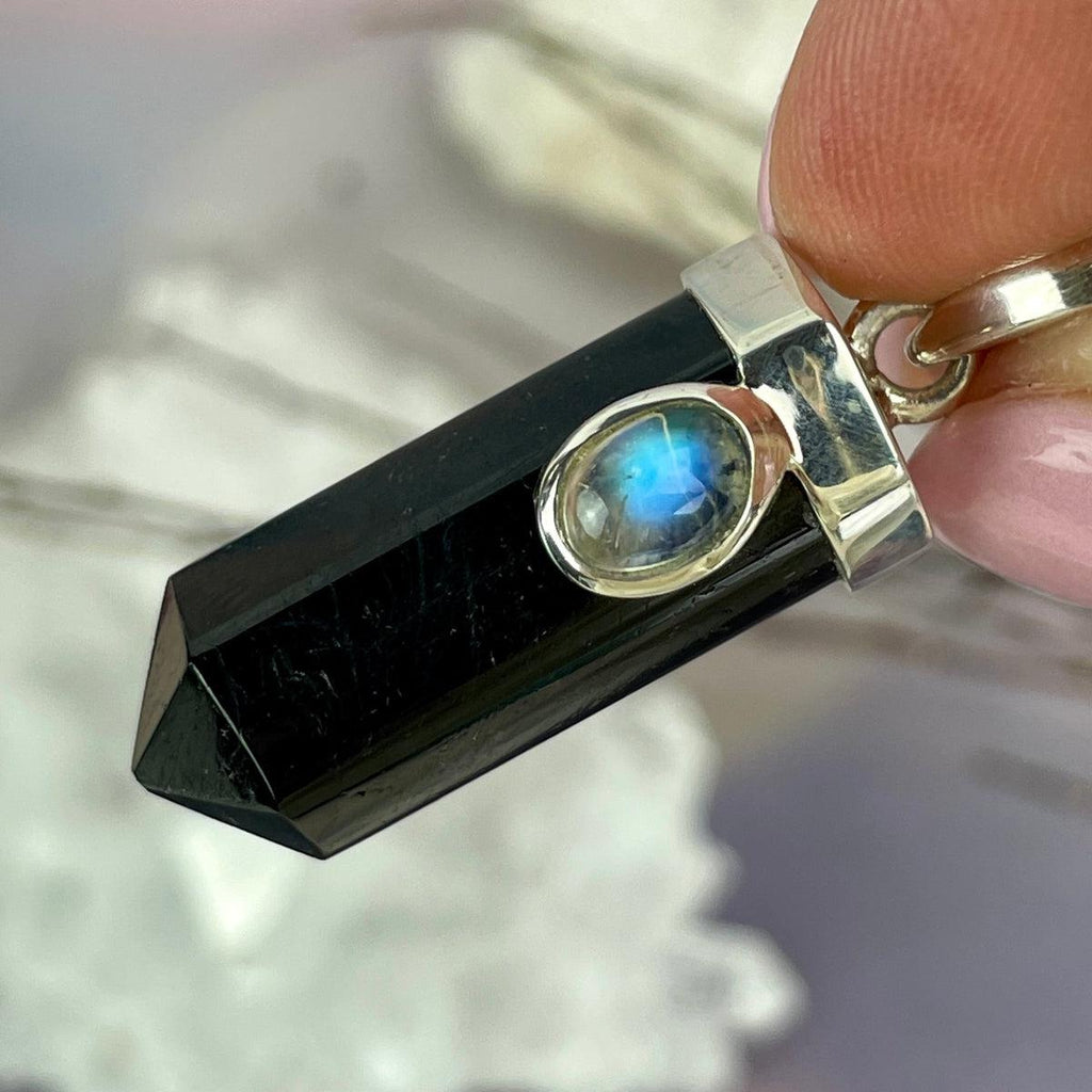 Black Tourmaline Point & Rainbow Moonstone Pendant