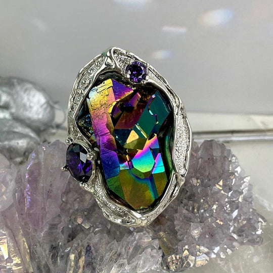 Rainbow Aura Titanium Quartz Raw & Cubic Zirconia Ring