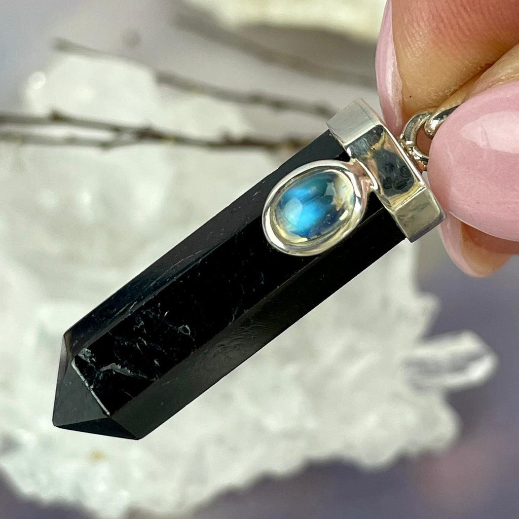 Black Tourmaline Point & Rainbow Moonstone Pendant