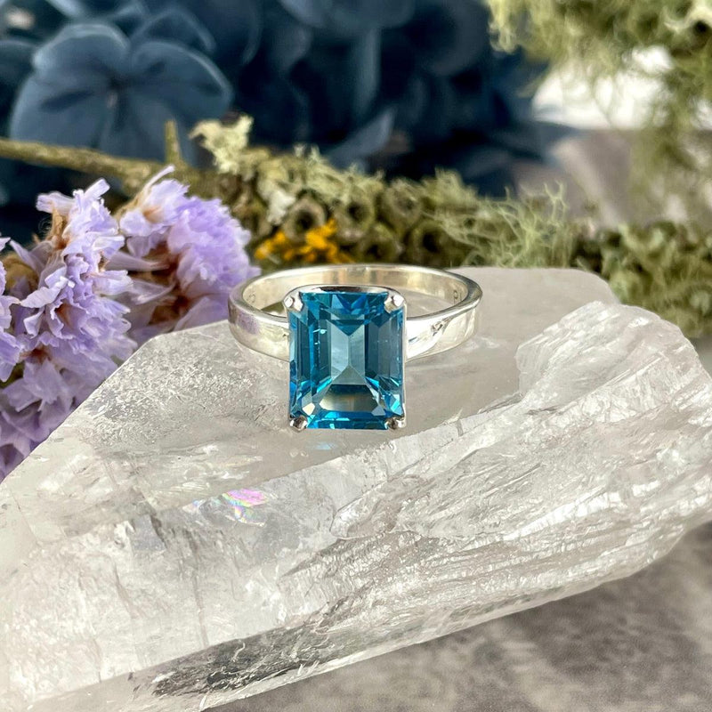 Swiss Blue Emerald Cut Ring