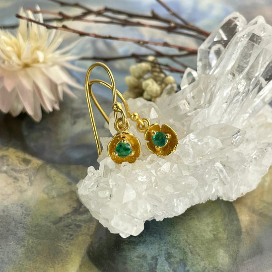 Emerald Gold Flower Drop Earrings