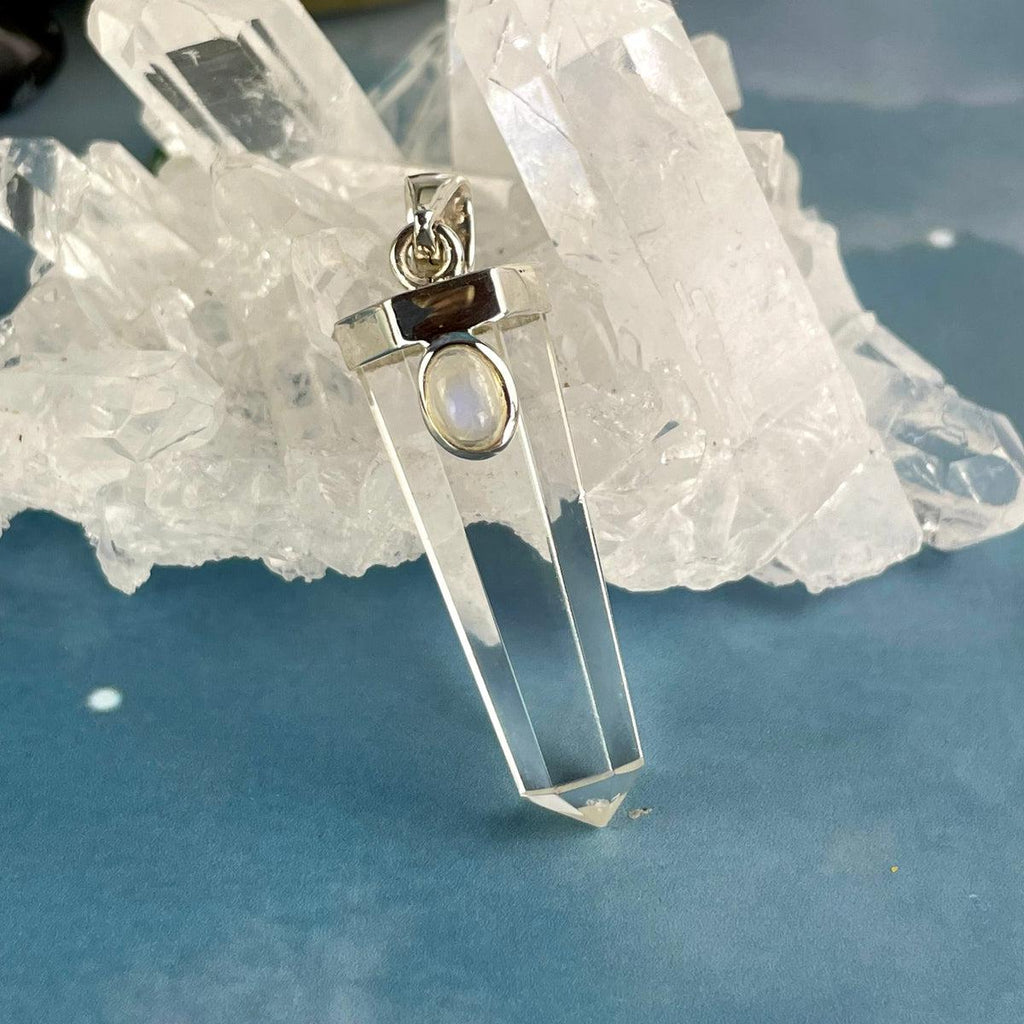 Clear Quartz Point & Rainbow Moonstone Pendant