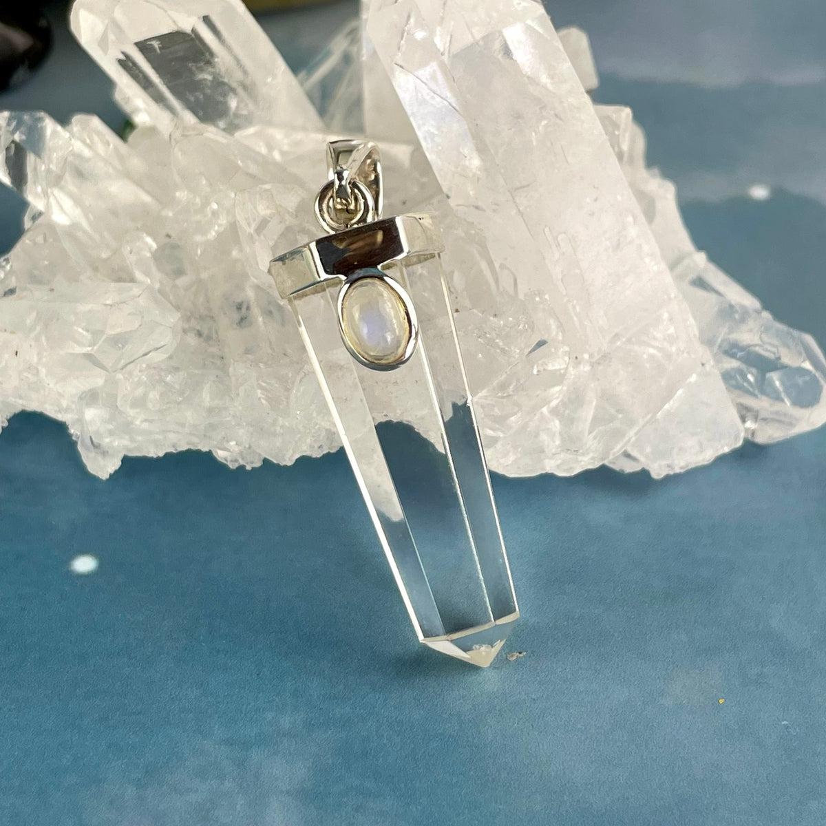 Clear Quartz Point & Rainbow Moonstone Pendant