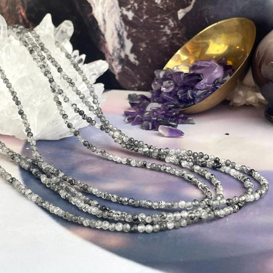Tourmalated Quartz Faceted 2mm Bead Necklace