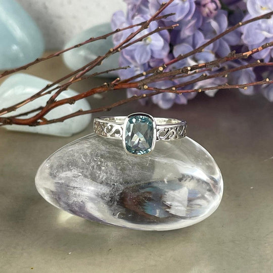 Blue Topaz Rectangle Ornate Band Ring