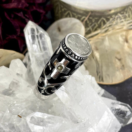 Gibeon Meteorite, Moldavite & Black Enamel Ring