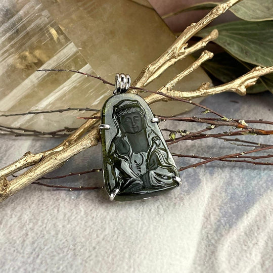 Authentic Moldavite Large Quan Yin Pendant