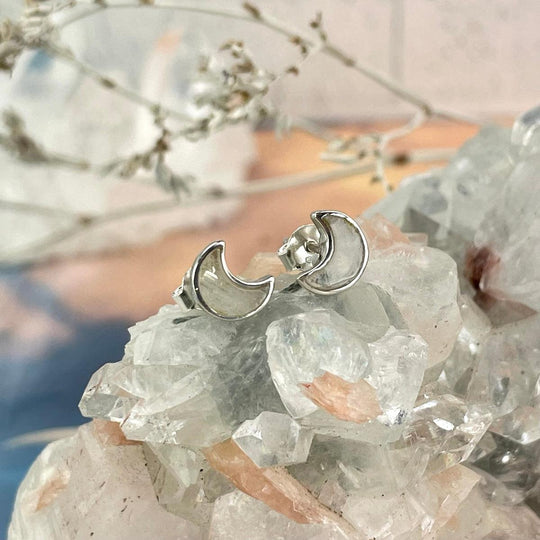 Rainbow Moonstone Crescent Moon Stud Earrings