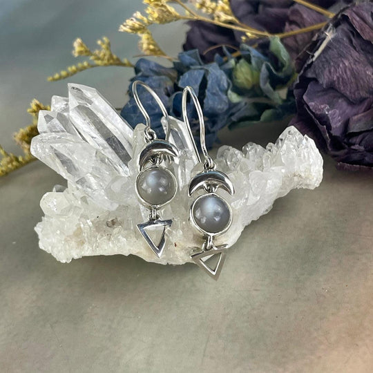 Grey Cat’s Eye Moonstone Crescent Moon Earrings