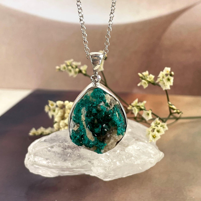 Raw Dioptase Sterling Silver Necklace