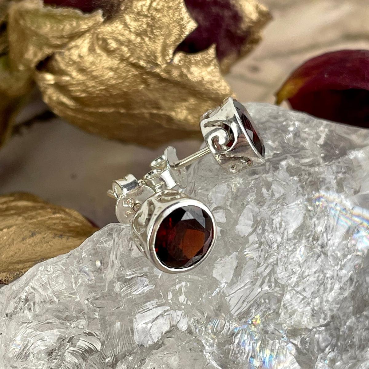Garnet Ornate Silver Stud Earrings