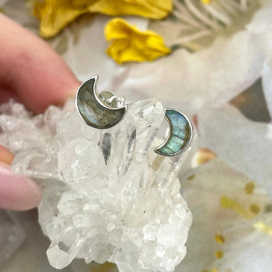 Labradorite Crescent Moon Stud Earrings