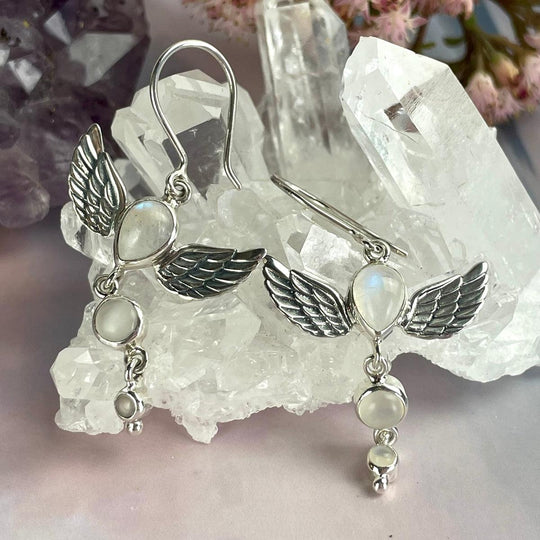 Rainbow & Cat’s Eye Moonstone Winged Triple Drop Earrings