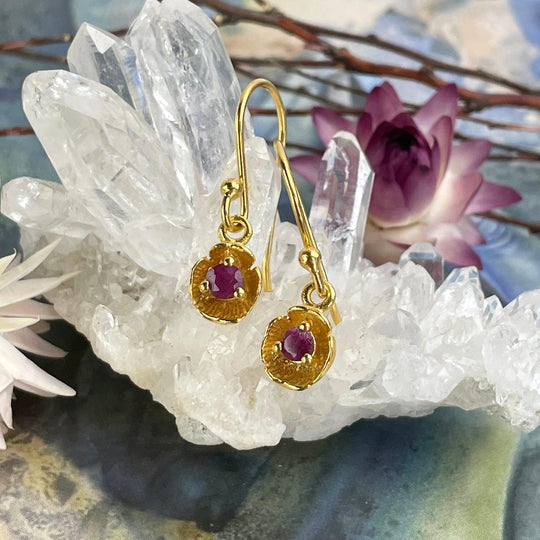 Ruby Gold Flower Drop Earrings